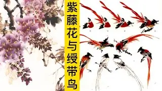 中国画教学_紫藤花与绶带鸟_Flowers and Birds_Chinese Painting