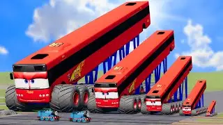 Big & Small, Long & Tall Bus Lightning Mcqueen with Monster Truck Wheels vs Trains | BeamNG.Drive