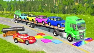 Flatbed Truck McQueen | Transportation with Truck - Pothole vs Car #123 | BeamNG.Drive Gameplay