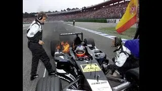 2001 F1 German GP - Fire on Fernando Alonso Minardi PS01 on the grid (F1 Digital+)