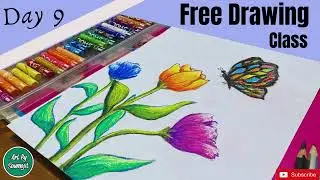 Online drawing class for beginners-step by step|Day 9|Flowers and butterfly drawing by oil pastels