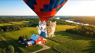 Cute Husky and Kitten Flying Over Farm | ai dog video #aidogvideo  #cutecat