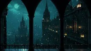 Hogwarts Winter Castle Window View | Peaceful Snowfall Ambience with Gentle Wind Sounds for Sleep