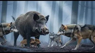 Wild Boar vs Wolf: Giant Mother Boar Defends Piglets in Misty Forest