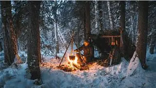 Building a Winter Shelter Deep in the Forest, Alone and by Hand