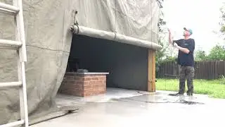 Roll up canvas tarps on patio