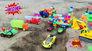 Bridge construction vehicles, fire truck, dump truck, police cars toy blocks toys videos.