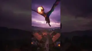 beautiful fire-breathing multi colored dragon swooping down over a small village. #DreamScreenAI