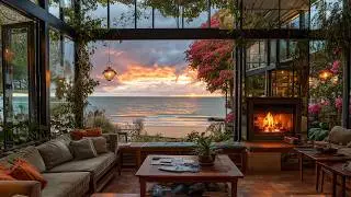 Sunset Ocean Fireplace Cabin 🌅 Cozy Garden Lounge, Sea Waves & Warm Fire Ambience for Deep Sleep