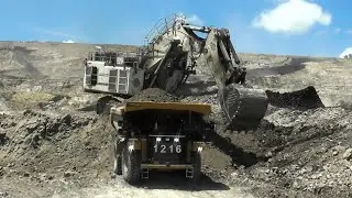 Liebherr R9350 Excavator Loading Overburden into Caterpillar 777 Dumpers at Massive Coal Mine