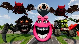 MONSTERS McQueen Transportation Triple Flatbed Trailer with BUS EATER vs HUNGRY WORM - BeamNG