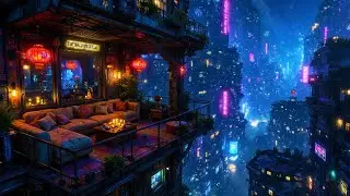 Lofi Ambient &ndash; Cozy Balcony Overlooking a Neon Cyberpunk City Rain | Focus & Sleep Beats | 4K