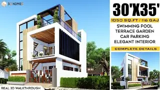 30x35 House Plans | 1050 Square Feet Home Design | Parking | House with Pool | Modern House Design