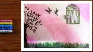 How to draw Birds Want freedom | Birds in cage drawing | Oil pastels drawing