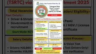 TSRTC via TSLPRB Recruitment 2025 II New Vacancy- Driver & Shramiks #shorts  #dailyjobtracker  #job