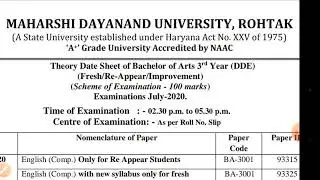 MDU DDE EXAM DATE SHEET NOICE BA FINAL YEAR  2020 STUDENT