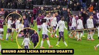 Bruno Fernandes and Lisandro Martinez defending Manuel Ugarte from Hannibal Mejbri