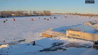 Saginaw River Cam time-lapse video of ice fishing shelters (January 31, 2026 from 6:00 am&ndash;9:00 pm)