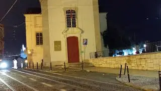 Streetcar and streets at night in Alfama, Lisbon, Portugal, 2019-03-07