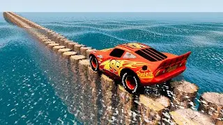 Lightning Mcqueen vs Impossible Log Wave Bridge Crossing Cars Vs Deep Water - BeamNG.Drive
