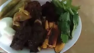 Today's dinner: steamed eggs, ochro, beetroon and sweet potatoes with stew chicken,salad, 