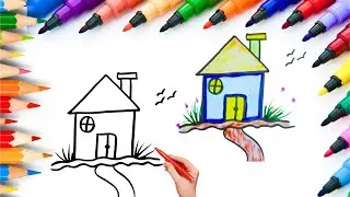 How To Draw cute house Drawing, Painting & Coloring For Kids and Toddlers_ Child Art 🐋🌈🎨