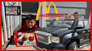 OhBrothersTV Drive Thru Pretend Play | McDonald's Drive thru kids on power wheels
