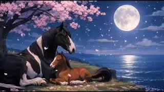 Calm Night by the Sea 🌙 Relaxing Sleep Scene with Mare and Foal. Music for stress relief, sleeping.