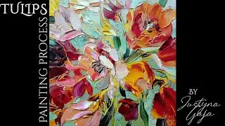 Tulips - spring flowers composition/ oil painting process with palette knife/ spring color palette