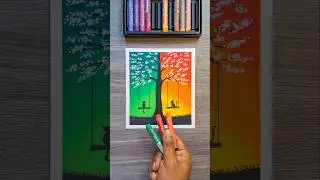 🐾 Two Cats, Two Worlds 🌅 | Beautiful Oil Pastel Drawing | Easy Sunset & Nature Art