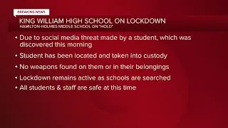 King William High School on lockdown; student arrested after social media threat