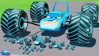 Big & Small Spider Dinoco Glow Stripes Monster Truck Lightning McQueen vs Thomas Train BeamNG.Drive