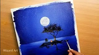 #68//Love Couple in Moonlight Acrylic Painting//How to pain moonlight