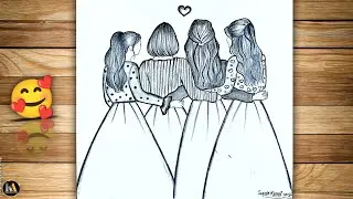 4 Best Friends Drawing | Easy Back Side Girl Drawing | How to Draw Four Girl Best Friends