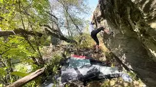 &ldquo;Bluebird&rdquo; V4 team FA with @MrChrisSummit at the barrel boulder on the Russian river November 2025