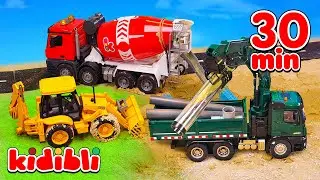 Brinquedo Escavadora & Caminhão Betoneira 🚚 Missão de Reparo de Canos para Crianças | Kidibli