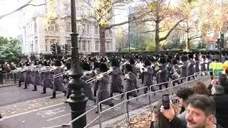 Massed Bands of the Household Division marching to the Cenotapth  for Remembrance Sunday 2025