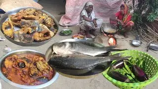 Rural people cooking katla FISH CURRY with BRINJAL recipe and sim vaji fry||village cooking life