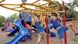 Monkey bars climbing, swinging, strength, and balance skills by 9 & 7-year-olds Jungle Gym acrobats
