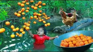 Mother and Baby find food in river encounter big  Chicken & pick Oranges eating Delicious HD