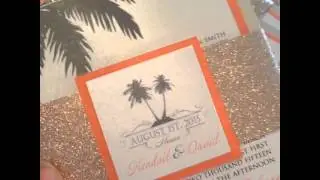 Glitter tropical wedding invitation with belly band