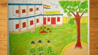 How to draw school ground scenery drawing/drawing video/independence day celebration at school