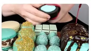 ASMR MINT CHOCOLATE  || FROZEN JELLY, GOLD POP CHOCOLATE, MACARONS, CAKE  DESSERT EATING MUKBANG
