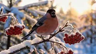 An atmospheric video of a bullfinch sitting on a rowan tree in the rays of the rising sun