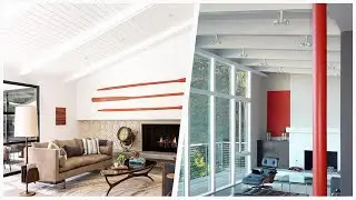 75 Mid-century Modern Living Space With A Standard Fireplace Design Ideas You'll Love 🔴