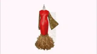SequinQueen long oversized sleeved metallic gold sequin fabric gown with stretch red fabric and orga