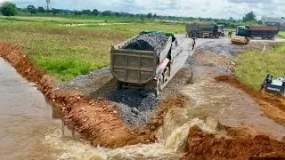 Komatsu Bulldozer Pushing Soil Filling Damage and Broken Road