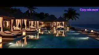 A luxury poolside resort at night with warm lights, calm water reflections, and cozy cabanas#