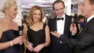 Edie Falco and Ralph Fiennes on the HFPA Red Carpet Stage