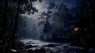 Rain-soaked Cabin by River in Forest at Night | Calming Rain Sounds for Sleep